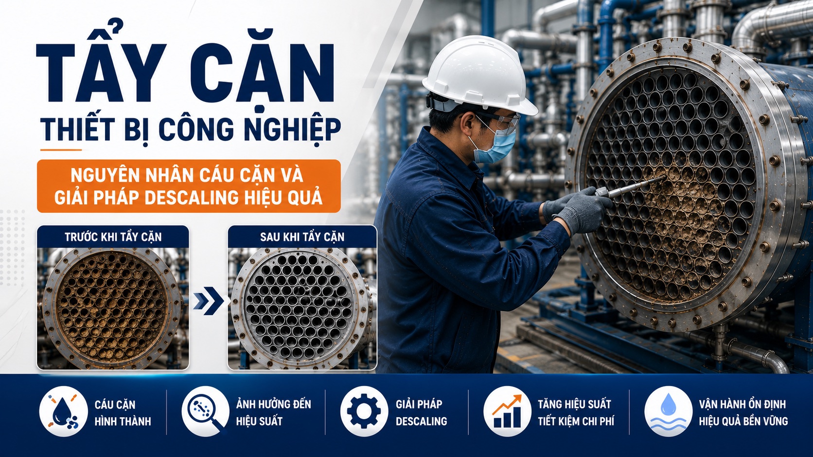 Tẩy cặn thiết bị công nghiệp: nguyên nhân cáu cặn và giải pháp descaling hiệu quả